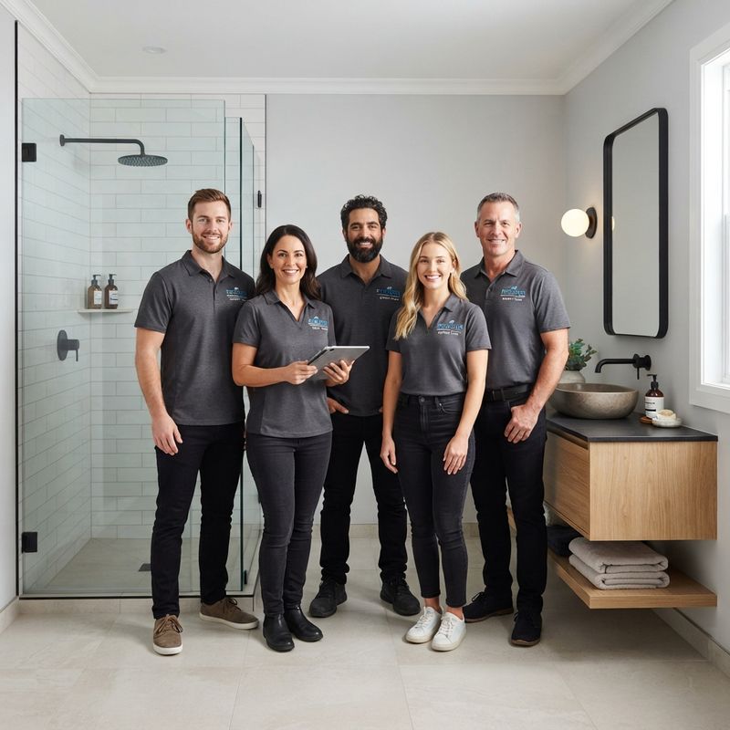 Finished bathroom with a glass shower door and a matching matte black mirror