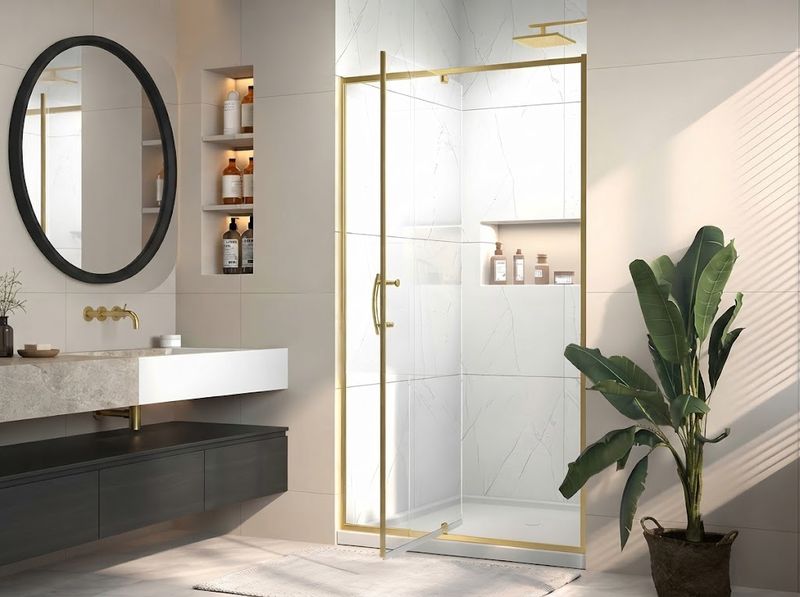 Brushed Gold Pivot Shower Door, 38-42 in. W