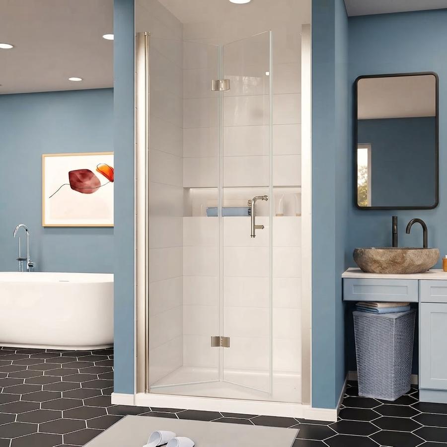 Brushed nickel bifold door in a compact bathroom