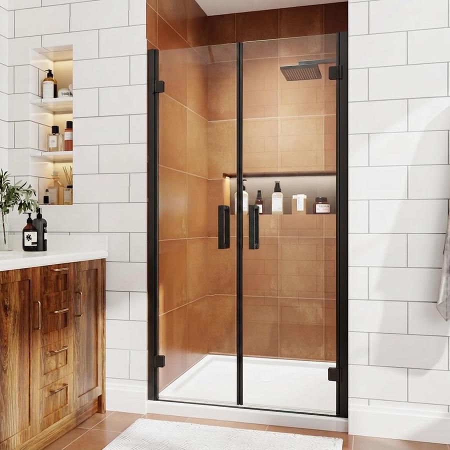 Matte black double pivot door with both panels closed